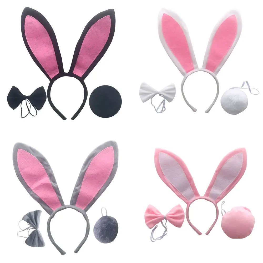 Diadema de orejas de conejo para decoración de fiesta de Pascua para niños y adultos, orejas de conejo, pajaritas y cola Conjunto de disfraz para juego de roles, accesorios para el cabello de niñas.