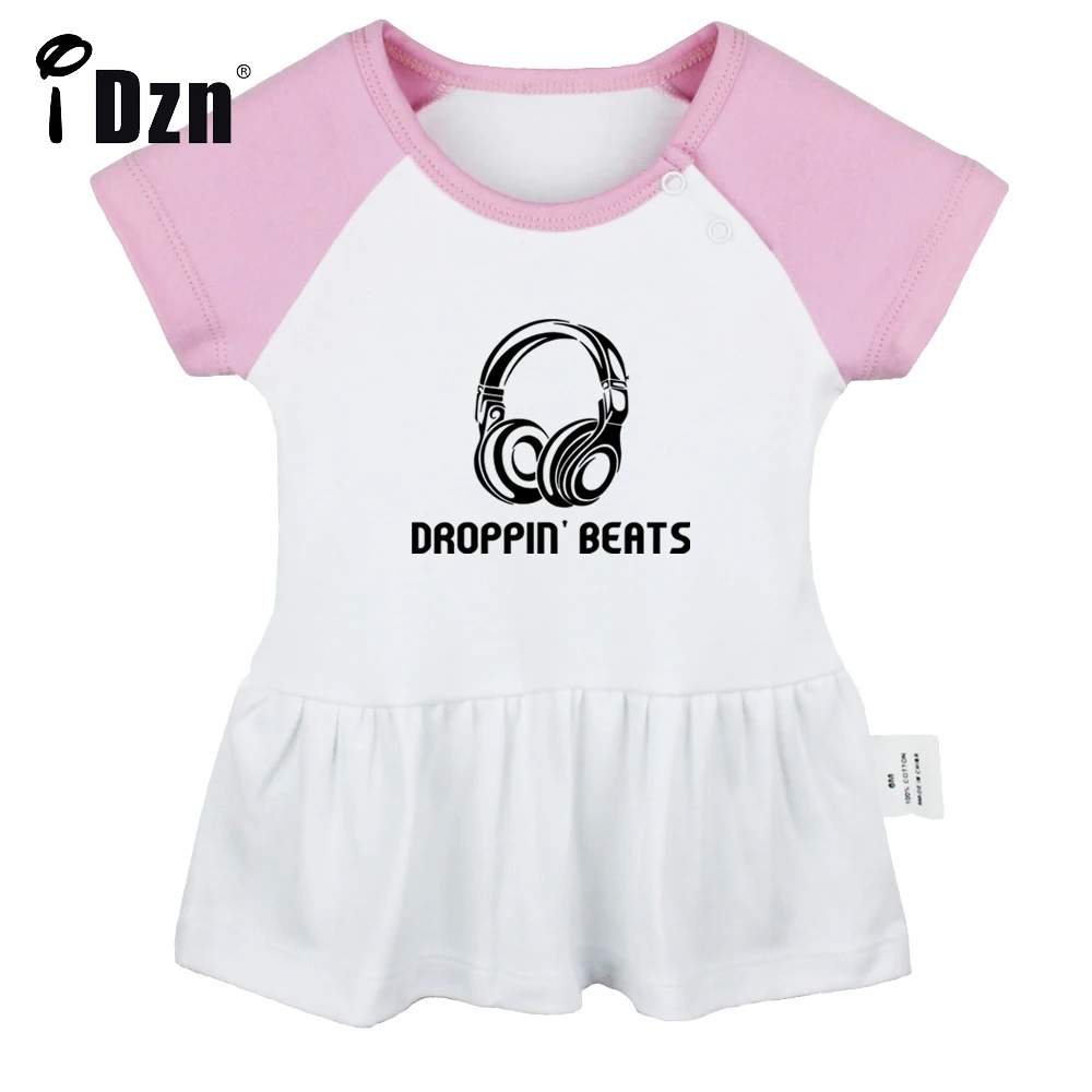 iDzn Summer NEW Droppin' Beats Earphone Music Baby Girls Cute Short Sleeve Dress Infant Funny Pleated Dress Soft Cotton Dresses