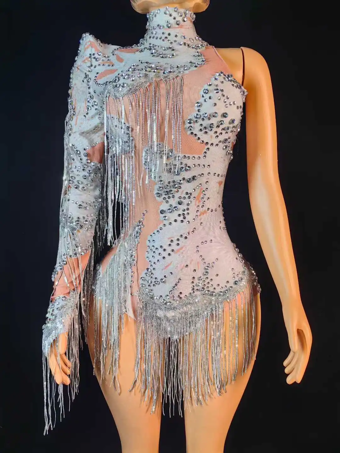 Single Sleeve Fringe Rhinestone Bodysuits For Women Drag Queen Costumes Night Club Stage Wear White Green Red Body Suits