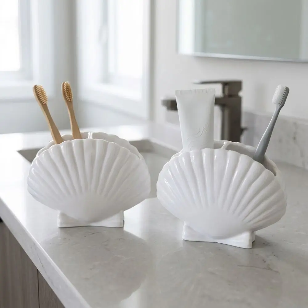 3D Seashell Shell Toothbrush Holder Coastal Style Aesthetic Makeup Brush Holder Beach Theme Plastic Desktop Storage Box