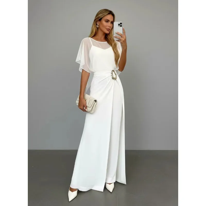 2026 New Women White Chiffon Jumpsuit Elegant Formal Evening Party Wide Leg Mesh Sleeve Prom Wedding Guest Cocktail Dress Set view 3