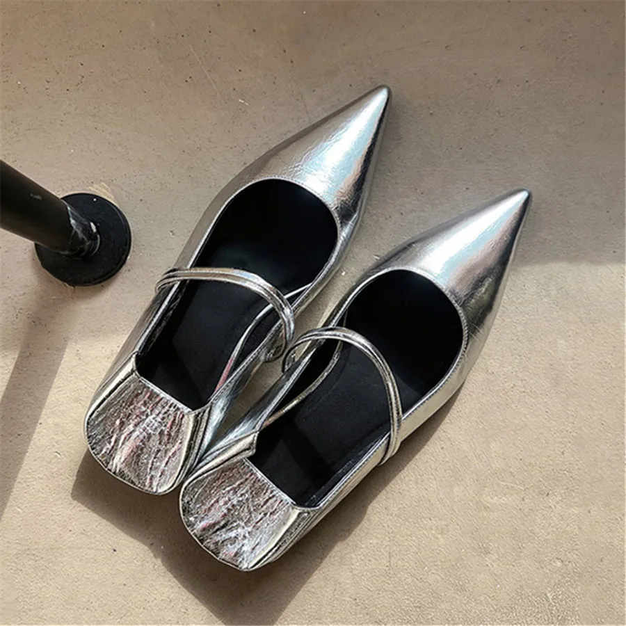 Designer Pointed Toe Women Flats Ladies Elegant Single Shoes Retro Silver Leather Loafers 2024 Fashion Mary Janes Lazy Slippers