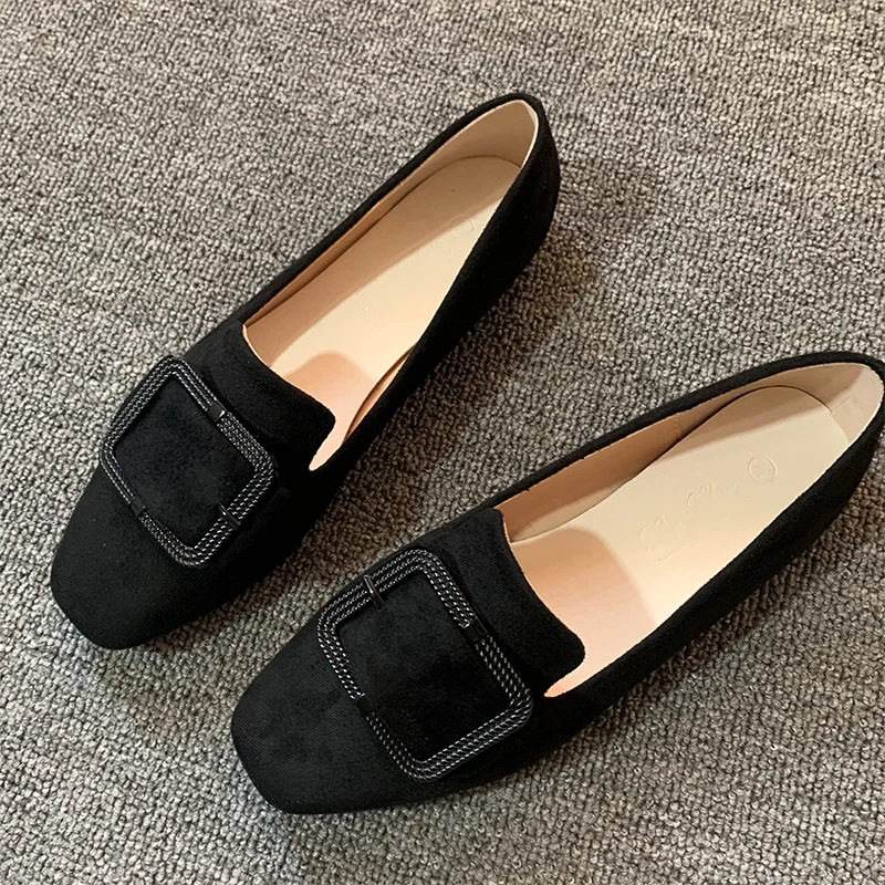 2022 Spring Women Slip On Loafer Autumn Fashion Ladies British Metal Buckle Flat Shoes Round Toe Female Black Casual Ballerina