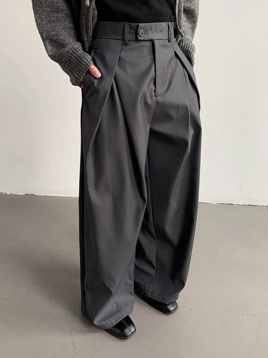 

Korean Sle Casual Wide Leg Suit Pants Men's Women's High Street Design Loose Wrinkle Floor-Length Leisure Trousers
