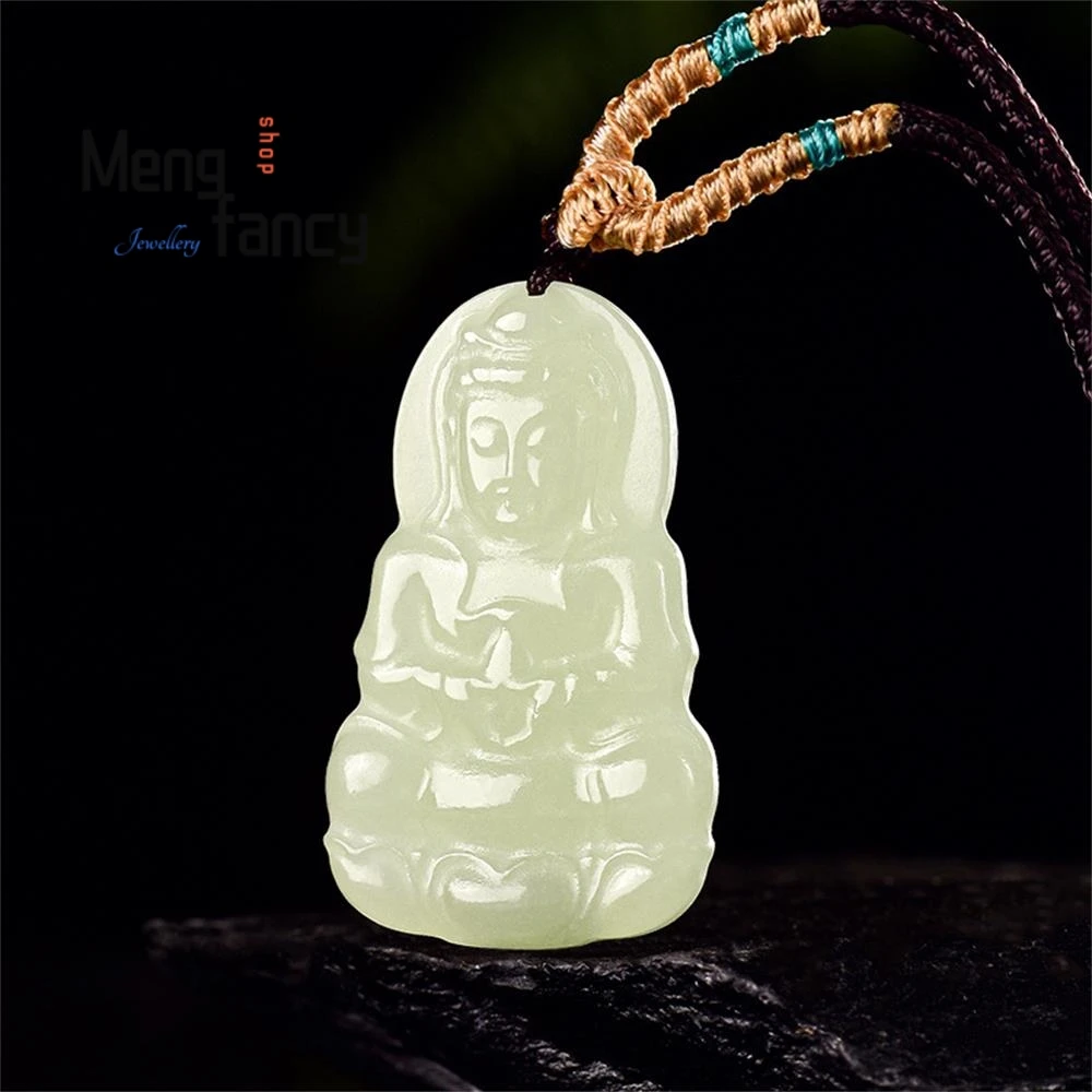 

Authentic Natural Aged Hetian White Jade Guanyin Bodhisattva Pendant Buddhist Amulets National Style High-grade Fashion Jewelry