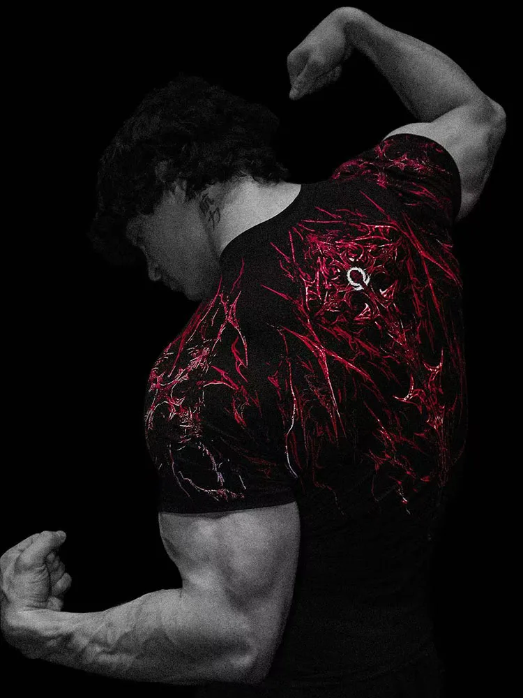 

Новая усовершенствованная мужская функциональная футболка для бега с коротким рукавом в готическом стиле, с абстрактным изображением монстра, мускулатуры и тотемов, темная, для усиления силы