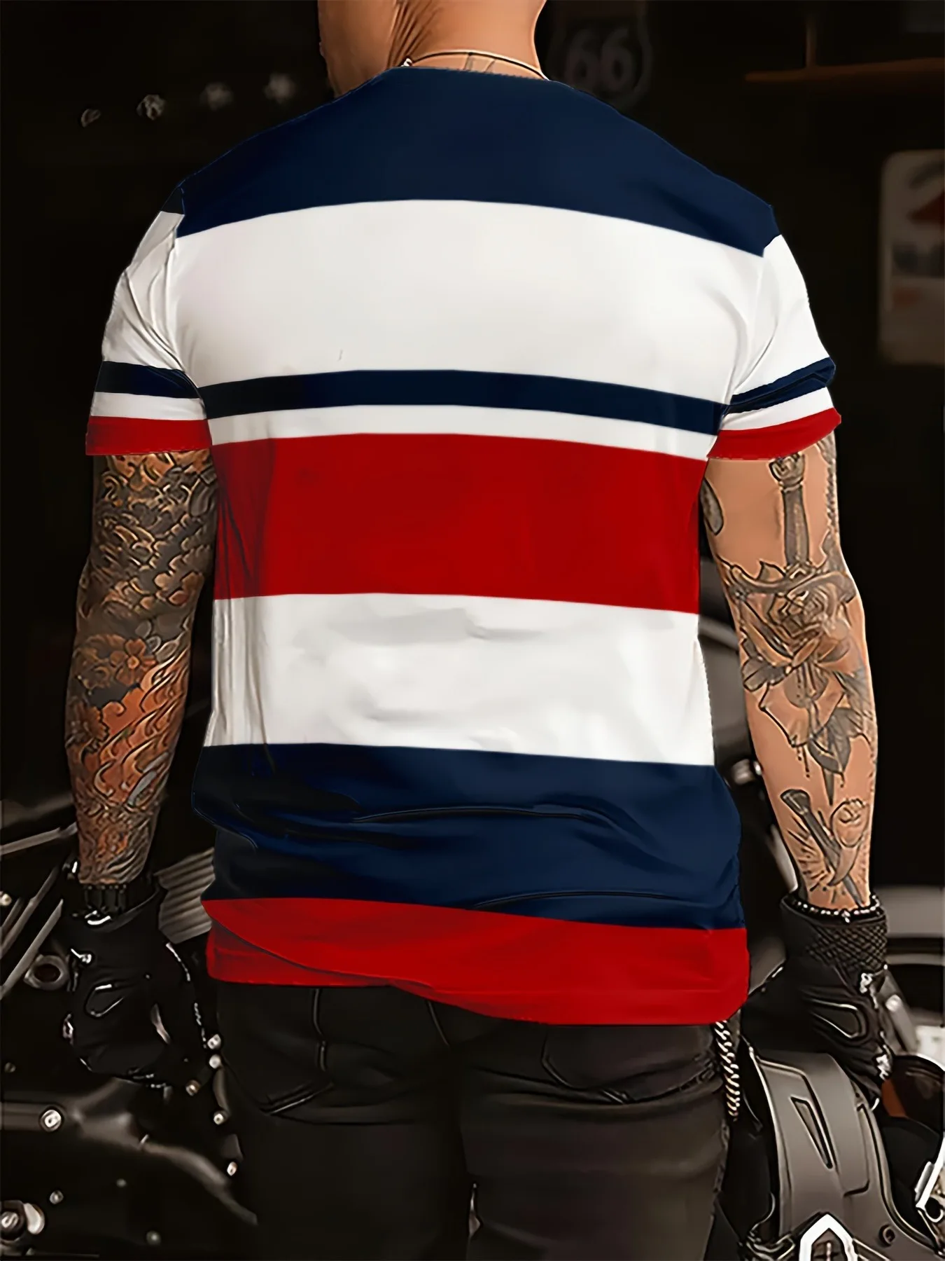 Men's casual fashion short-sleeved T-shirt 3D printing red and white striped print for summer daily outdoor street wear