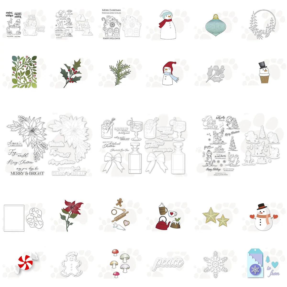 

Hand Drawn Christmas Clear Stamp Metal Cutting Dies, Snowman Holly Poinsettia Gingerbread Man Wine Bottle Wreath Sentiments