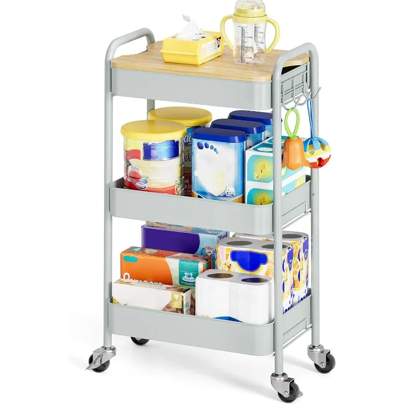 3 Tier Rolling Cart, Metal Utility Cart with Wheels & Wooden Top, Diaper Organizer Cart, Rolling Craft Storage Cart, Servi