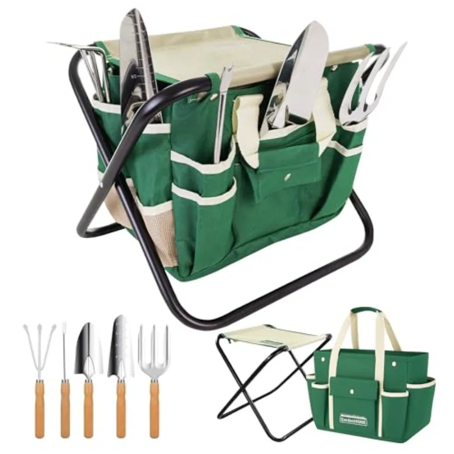 

7-Piece Green Gardening Tool Set Stainless Steel Tools with Wooden Handles Folding Stool and Canvas Tote Durable Garden Kit for