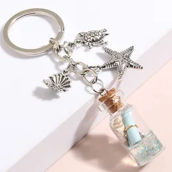 Sea Keychain Shell Starfish Conch Moving Liquid Drift Bottle Key Ring Wishing Key Chains Friendship Gifts Handmade Jewelry