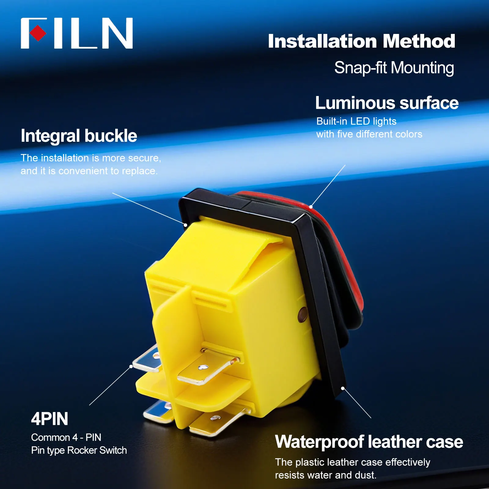 kcd4 heavy duty four foot waterproof on off sliver contact point copper pin green red led lamp 220v 30A rocker switch