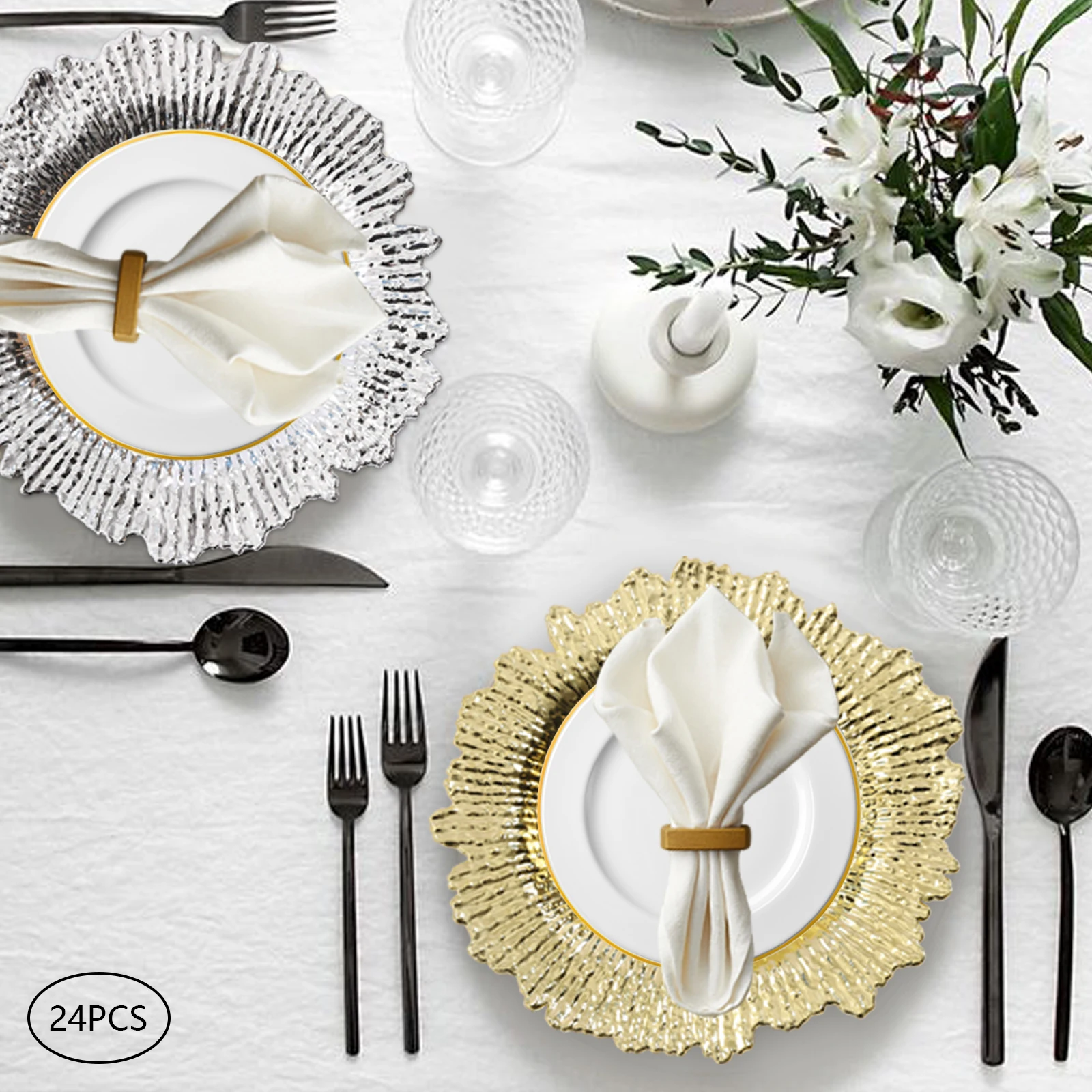 

24 шт. круглые пластиковые обеденные тарелки 13-дюймовые зарядные тарелки для ресторанов, свадебных банкетов и торжеств, украшения для вечеринок