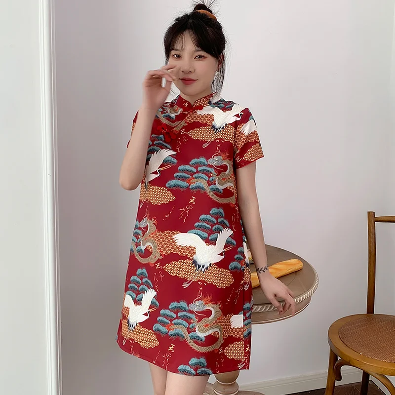 Plus Size M-4XL New Fashion Modern Trend Cheongsam Dress For Women Summer Black Short Sleeve Qipao Traditional Chinese Clothing