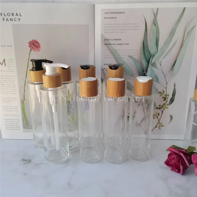 Sprzedaż Domowa Szklana Butelka na Wodę Bambusowa Zakrętka Wielokrotnego Użytku Makijaż Kosmetyki Toniki do Twarzy Opakowania Szampon Balsam Przezroczysty Pojemnik