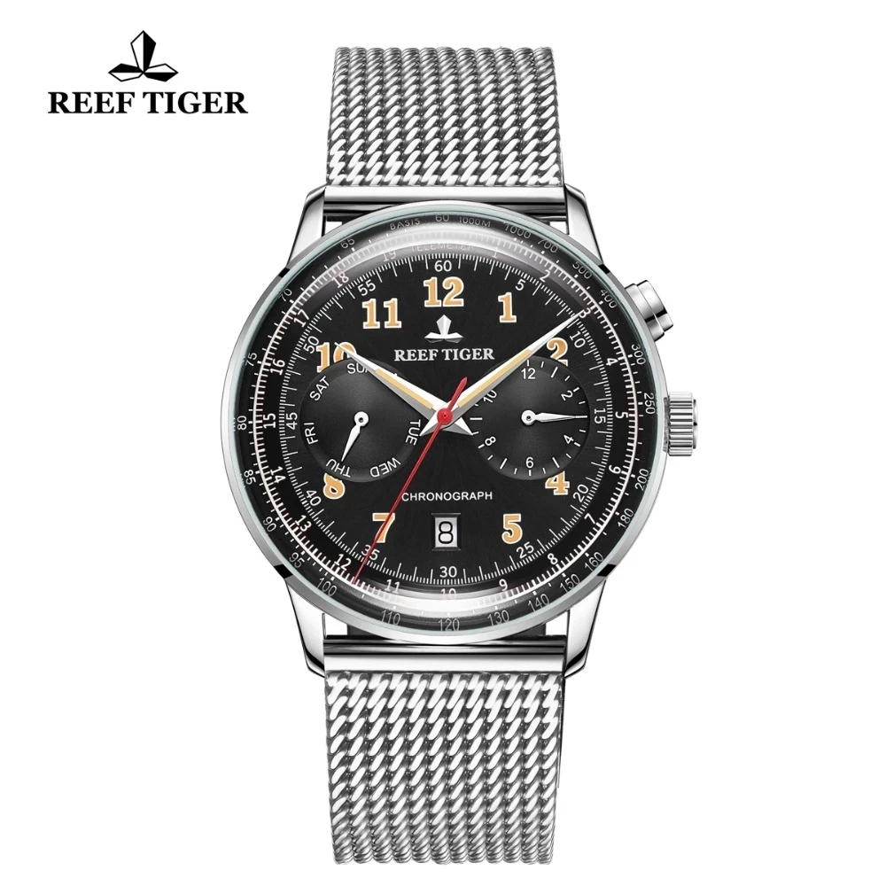 Reef Tiger/RT Luxury Vintage Mens Mechanical Watches Date Calendar Waterproof Watch Black Dial Mesh Steel Band Clock