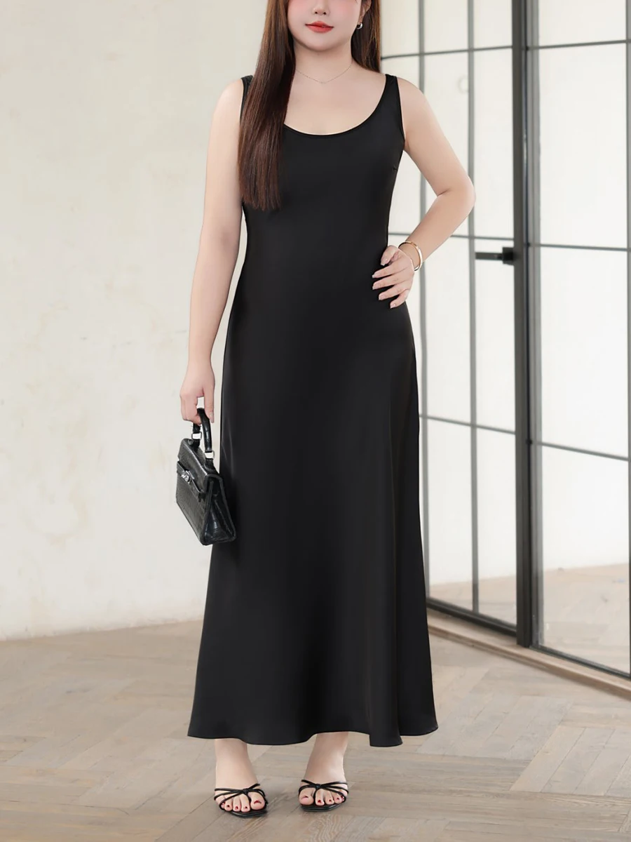 

Plus Size Women's Satin Bias Cut Maxi Dress - Premium Elegant A-line Wrap Waist Slim Sleeveless Innerwear For Casual & Evening