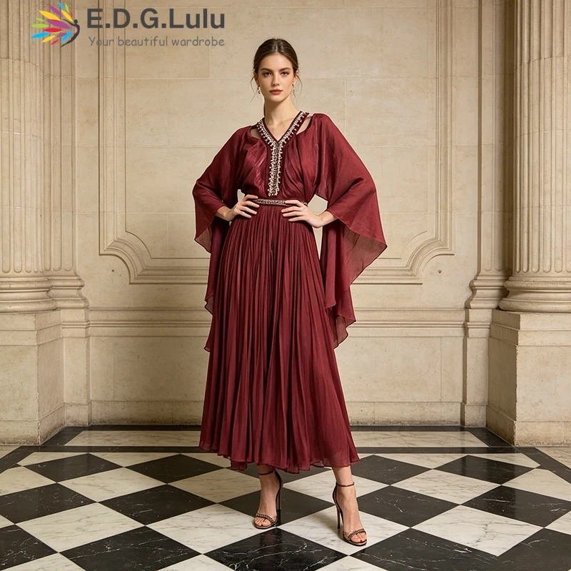 EDGLuLu 2026 Summer New Lotus Leaf Sleeve Loose Long Dress Woman V-Neck Diamond Inlay Splicing Red Pleated Resses 0629