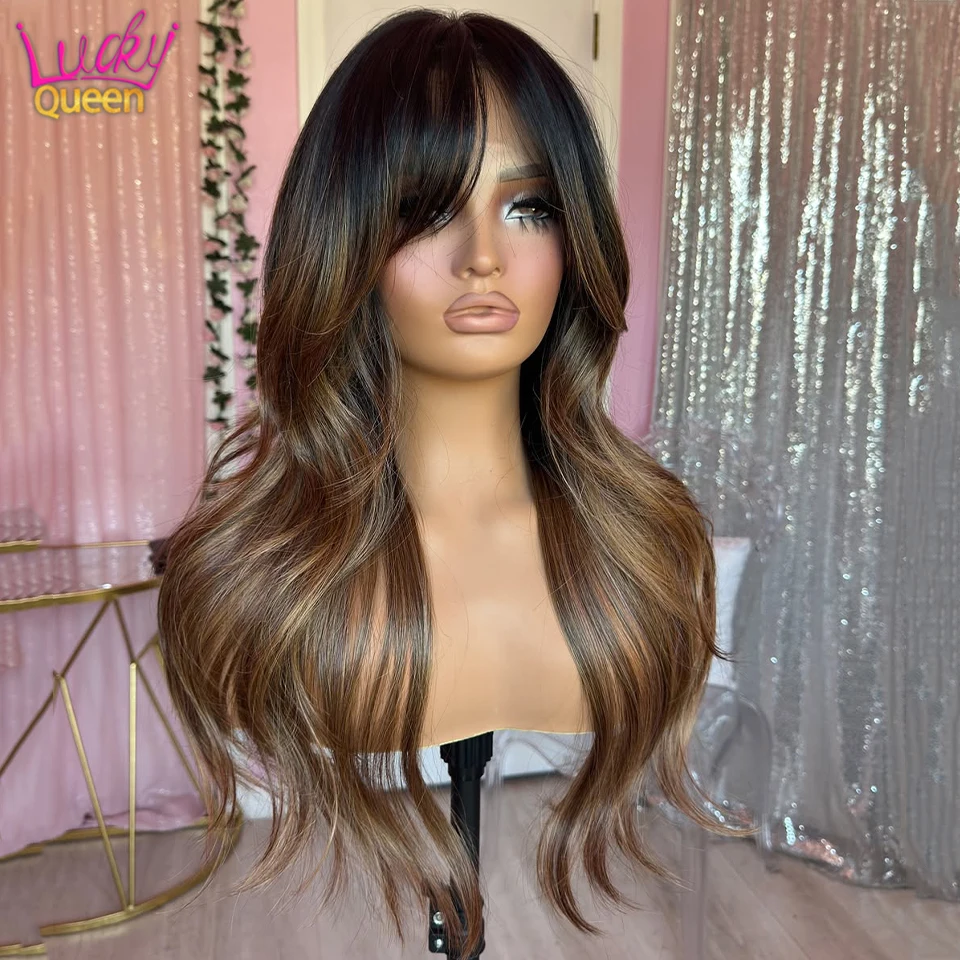 

1B Коричневый Ombre с челкой 5X5 Парики из натуральных волос Прозрачное кружево 13X6 Фронтальная бразильская плотность 180 Предварительно выщипанная для женщин Объемная волна