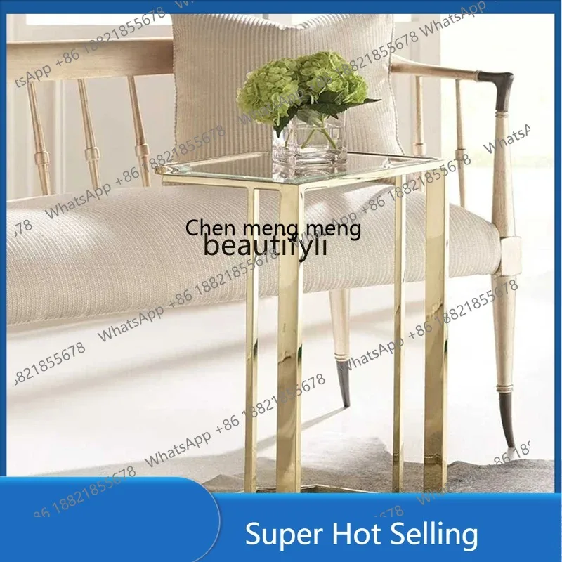 A85 Nordic Champagne Gold Glass Small Coffee Table Simple Living Room Practical Square Sofa Side Table