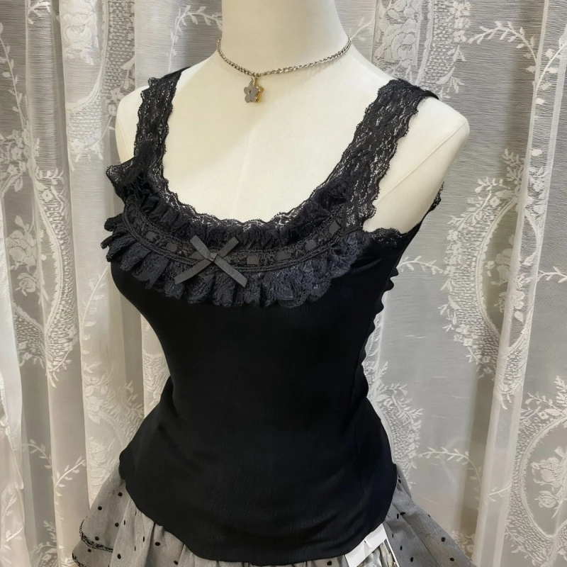 

Винтажный жилет больших размеров в американском стиле, новый милый черный кружевной облегающий топ на бретельках с бантом, повседневные майки для женщин