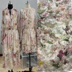 100% Mulberry Silk Fabric High Set Women's Dress Fashionable Light Luxury Printing Plant Flower Clothing Sewing Fabric Patchwork