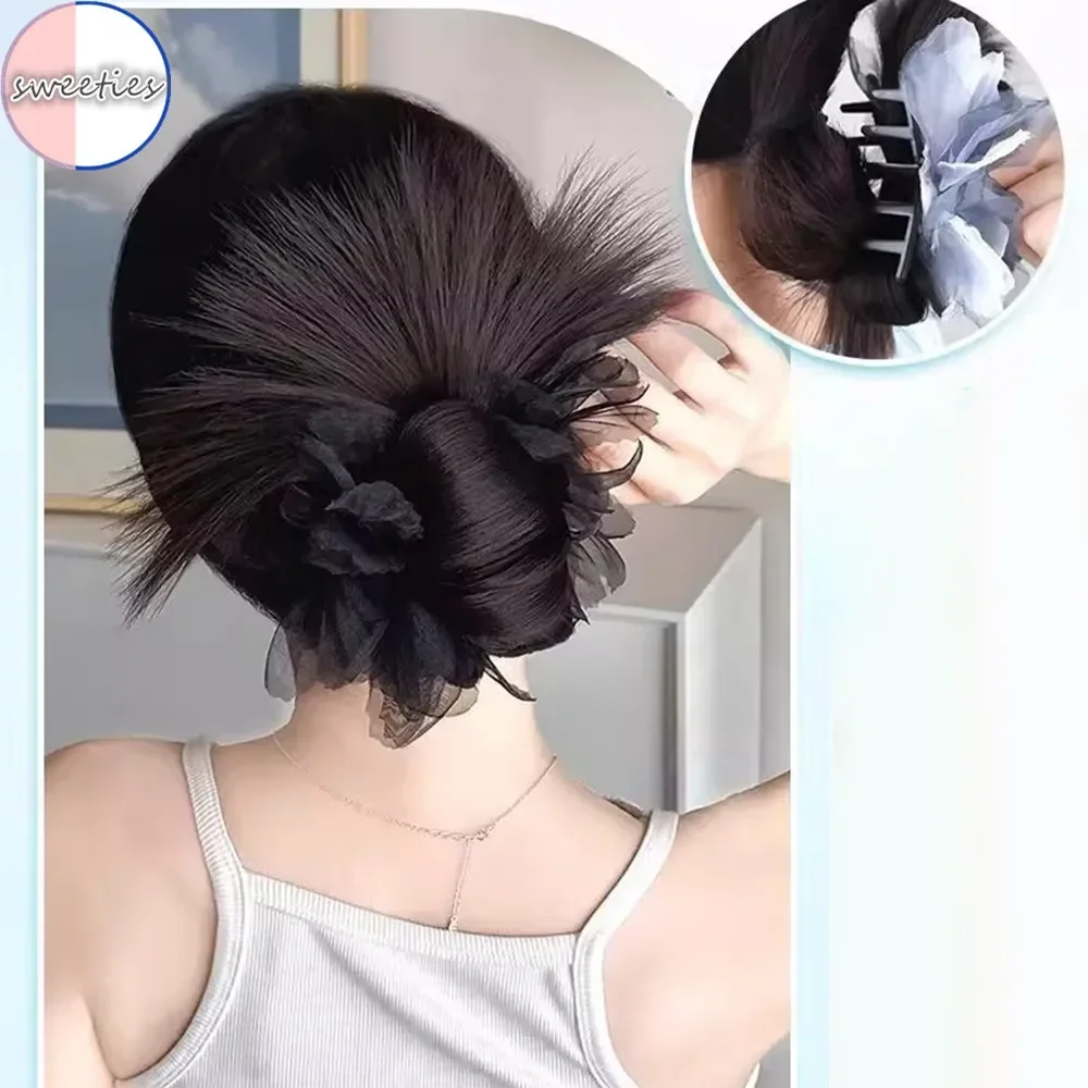 สังเคราะห์ Chignon ใหม่ Blue Feather ไก่ Feather Bun คลิปวิกผมปุยธรรมชาติดอกไม้ Bud หัววิกผมสุภาพสตรี