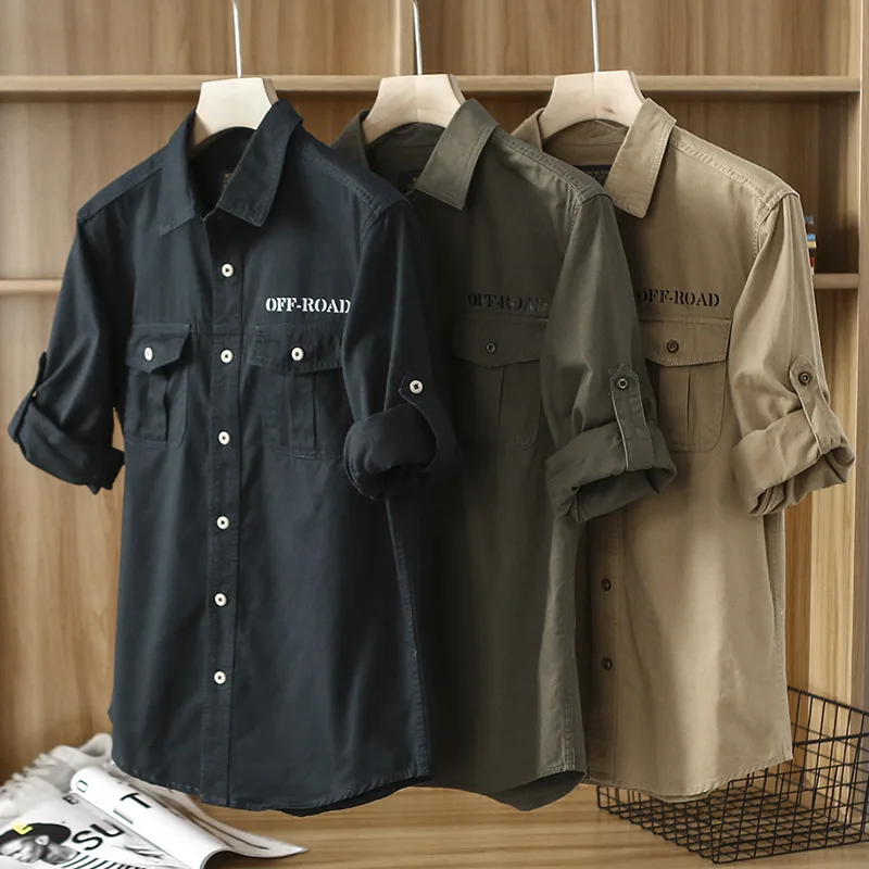 

New Spring Men Cotton Outdoor Cargo Shirts Male Casual Multi-pocket Tooling Shirts High Quality Man Solid Long-sleeved Shirts 5X