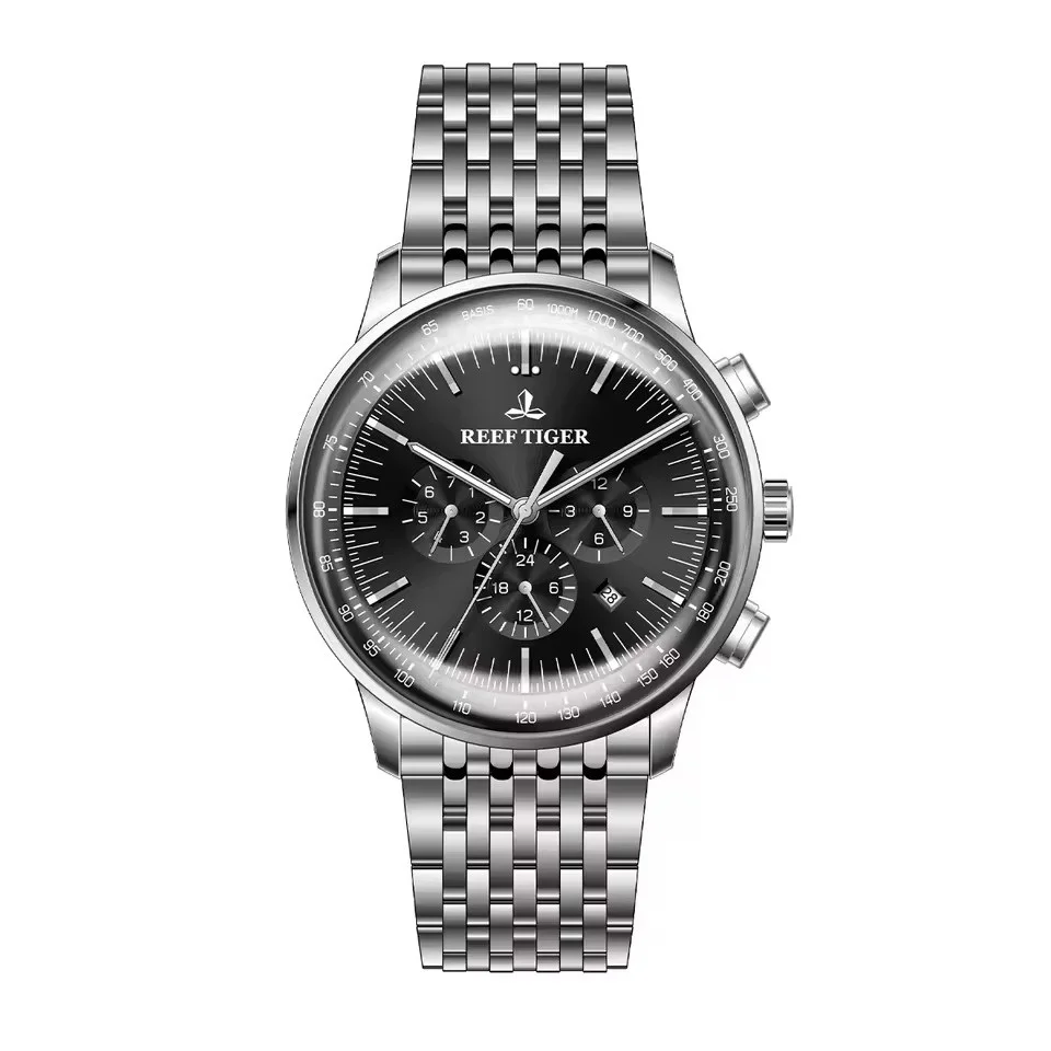 Reef Tiger Men Automatic Watch 42mm Mechanical Wristwatch 50M Waterproof Luminous Sapphire Multi-Dial Month Week Date 24 Hours