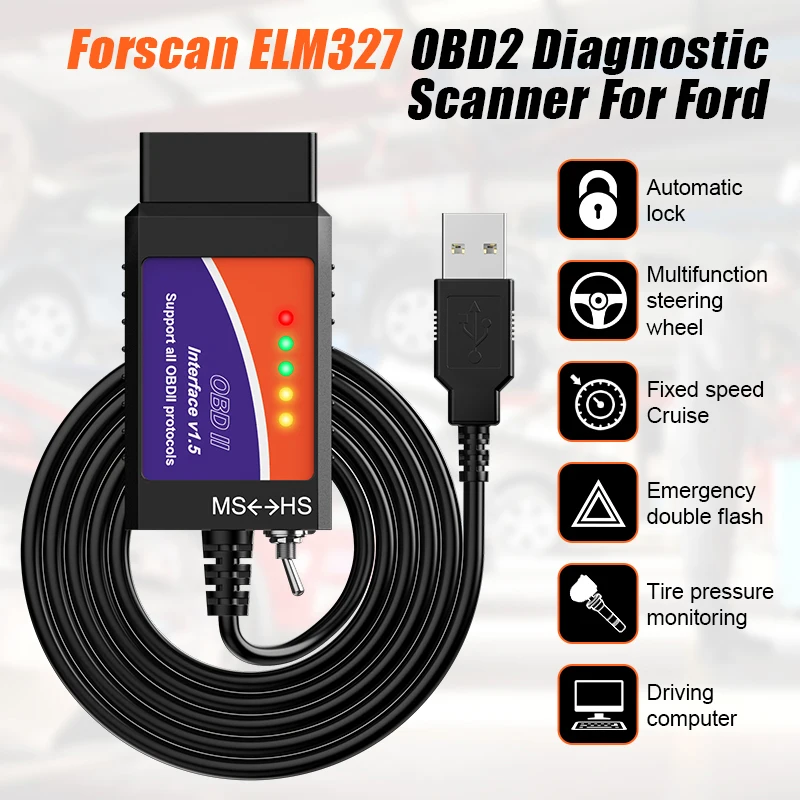 

ELM327 OBD2 диагностический сканер V1.5 USB-переключатель PIC18F25K80 чип HS/MS CAN для Ford FORscan Code Reader