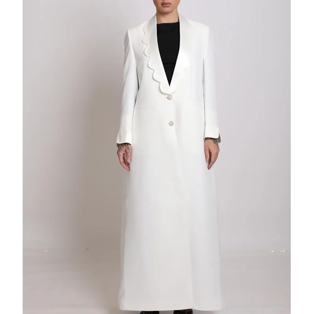 Casaco longo branco elegante para mulheres, casaco feminino de lapela, peito único, vestido Arábia Saudita, formal