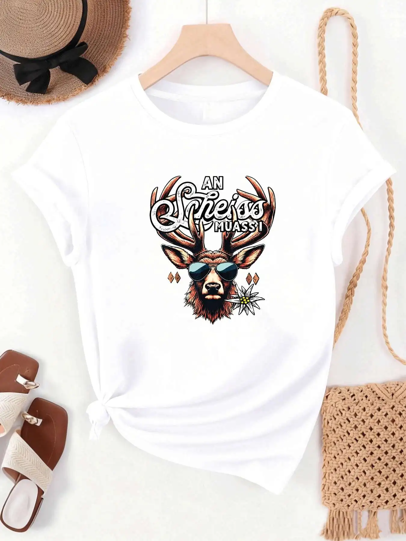 【MYJ062639】Beer Festival women's T-shirt retro deer antler pattern round neck short sleeved T-shirt for women