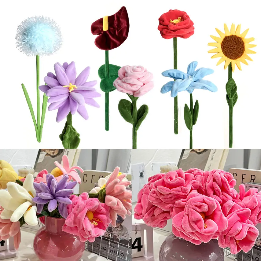 

38CM Plush Flower DIY Bouquet Gift for Girlfriend Home Decor Soft Flowers Roses & Irises filuffy Daffodils