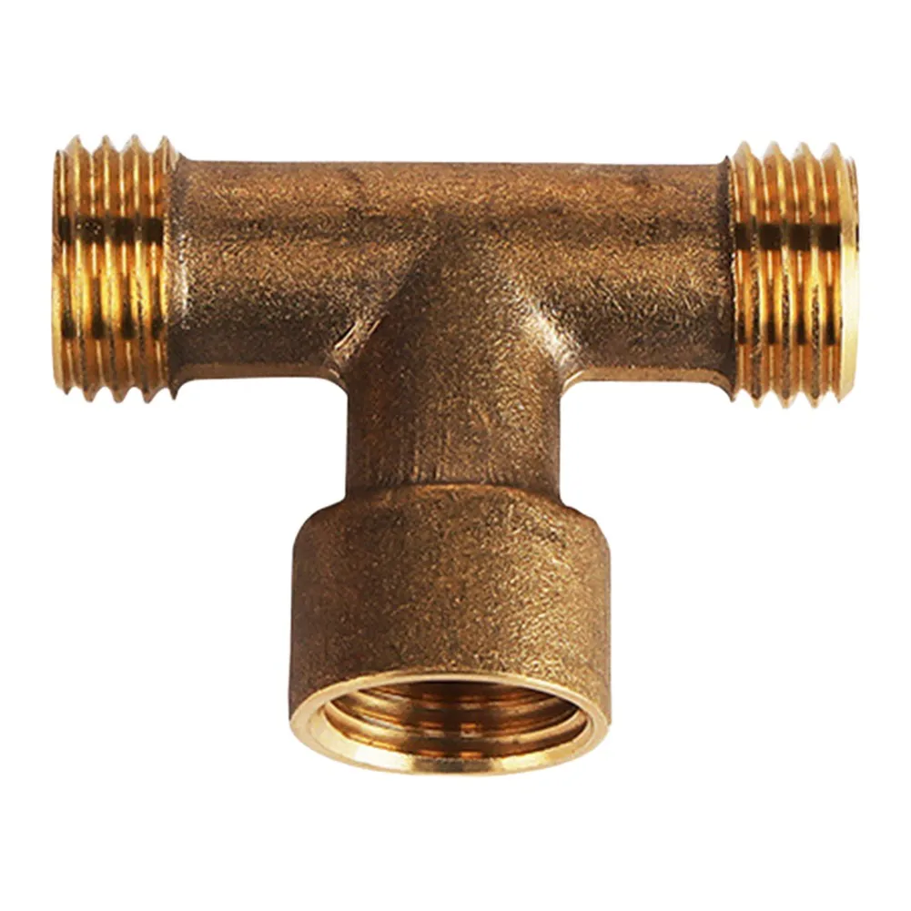 Brass 3-Way Connector for 14mm Garden Hoses Featuring One Internal Thread and One External Thread Configuration