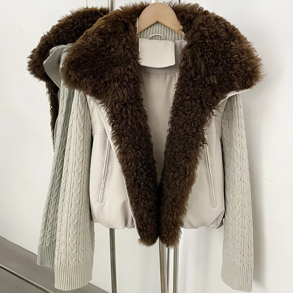 OFTBUY 90 White Duck Down Jacket Knit Sleeve Zipper Pockets Drawstring Short Coat Women Winter Real Curly Lamb Wool Fur Collar