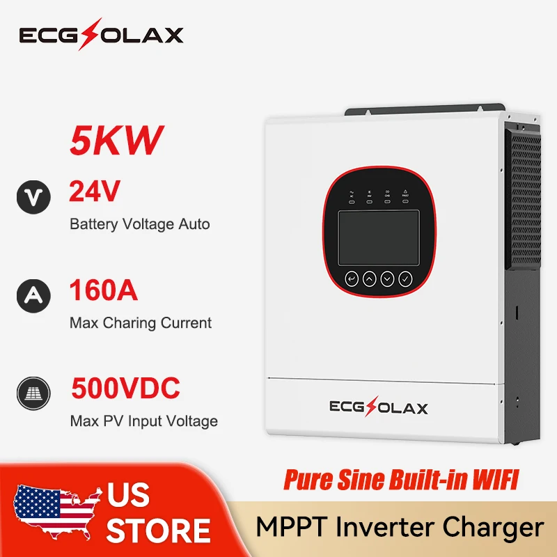 ECGSOLAX 5KW عاكس هجين بالطاقة الشمسية 24 فولت 220 فولت تيار متردد مع عاكس شمسي هجين MPPT 160A مدمج واي فاي خارج الشبكة عاكس هجين #1