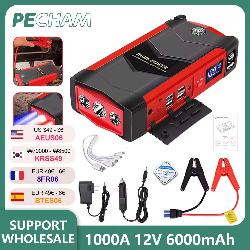 

New 1000A Car Jump Starter 6000mAh Power Bank Petrol Diesel Car Battery Charger Starting for Auto Battery Booster To Start Car