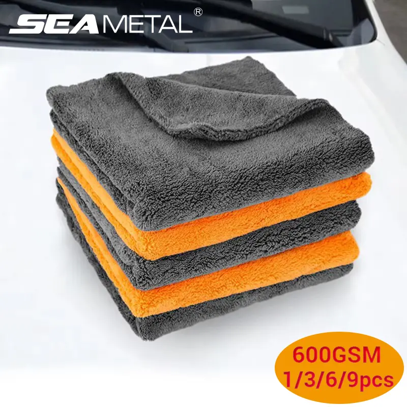 SEAMETAL 600GSM Toalha de limpeza de carro de microfibra 1/3/6/9pcs 40X40cm Toalhas de lavagem de carro espessadas Auto detalhando cuidados pano de secagem trapos