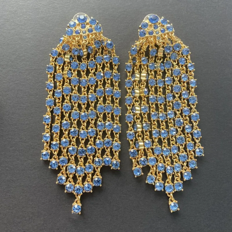 Os Multicolor Crystal Tassel Statement  Luxury Vintage Chandelier Drop Earring Clips,Evening Wedding Party Jewelry for Women