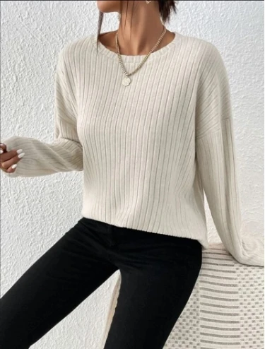 

Women's Fashion Pullover 2025 Autumn Winter Latest Simple V-Shaped Collar Loose Solid Color Round Neck Long Sleeves Sweater Top