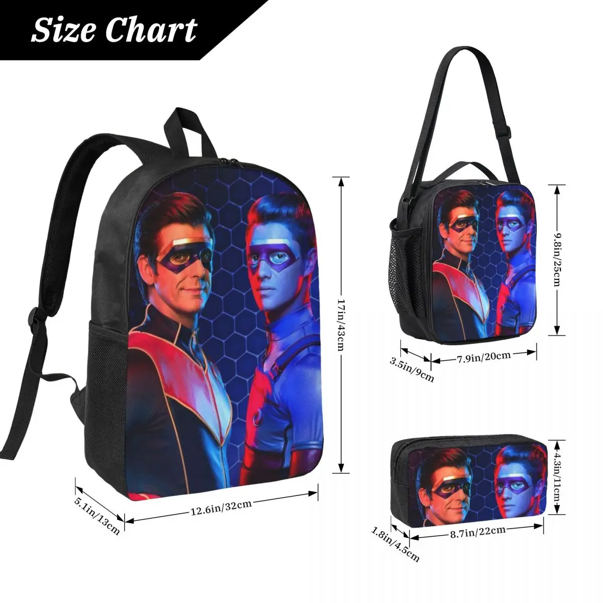 3Pcs Captain Henry And Kid Danger Backpack Set for Children Pencil Boxes Bookbag Sets with Lunch Box For School Students Daypack