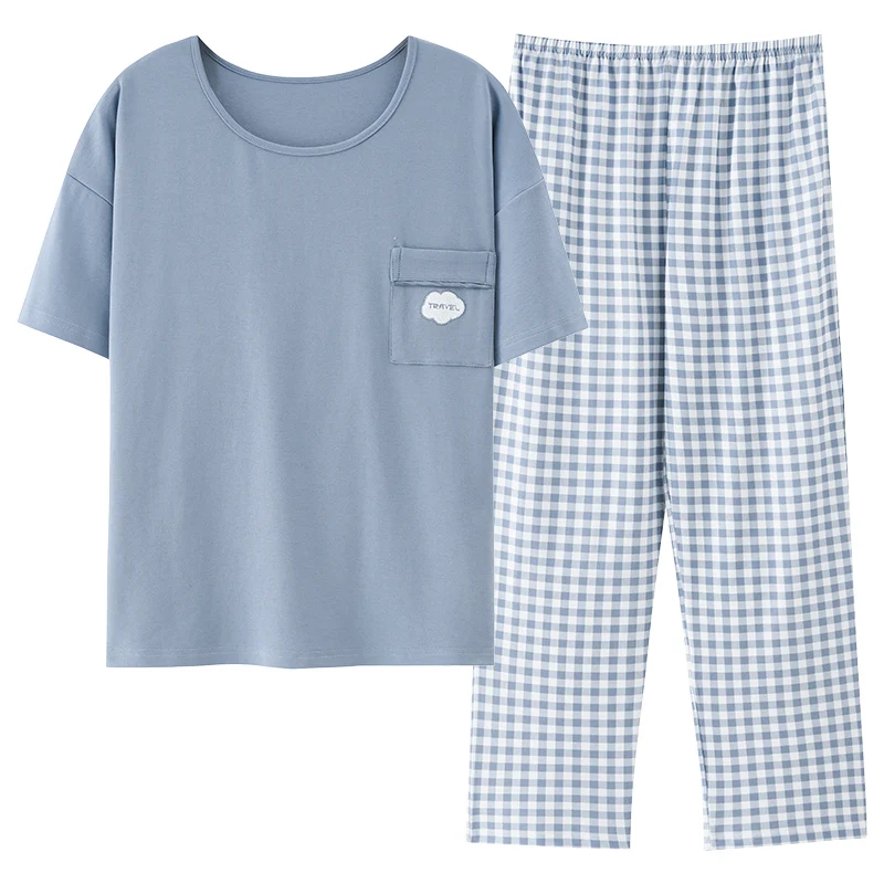 Summer Short Sleeve Sleepwear With Chest Pad 100% Cotton Women Pajamas Set Female Short Top+Long Pants Pijamas Mujer