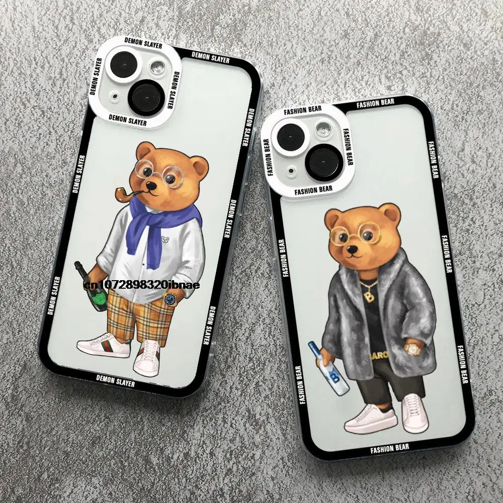 

Cute Bear Fashion Brand Protective Phone Case For iPhone 13 12 11 14 15 16 Pro Max 14 15 16 Plus 13Mini Clear Soft TPU Cover
