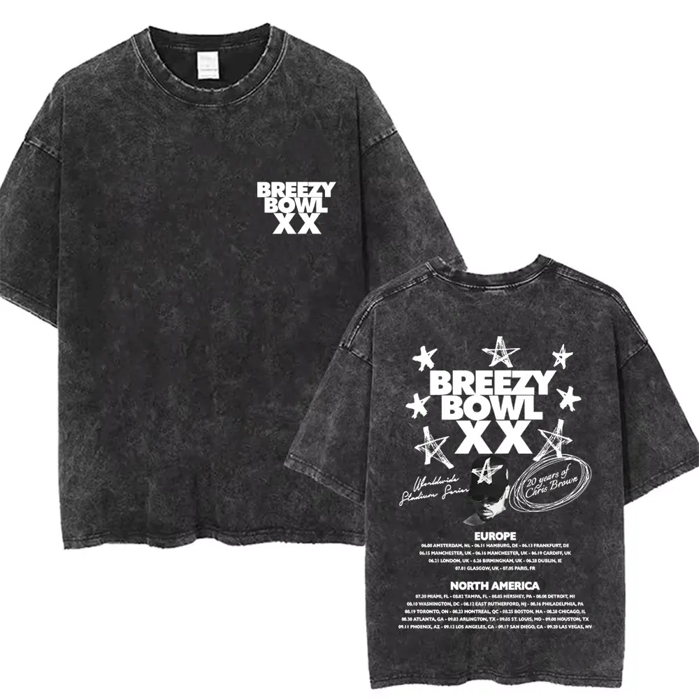 Retro Washed Chris Brown Music Album Cover Print T Shirt Breezy Bowl XX Tour 2026 T-Shirt Men women Hip Hop Fashion T Shirts