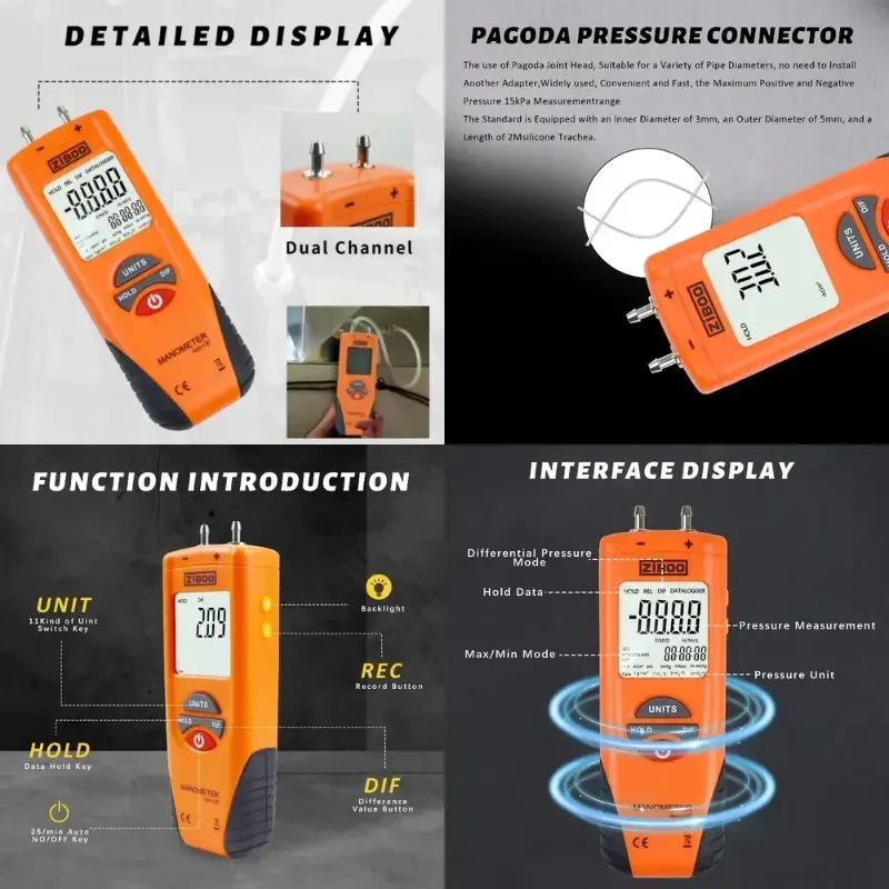 

Digital Manometer for ZIBOO ET1013 Air Pressure Tester Differential Dual Port Pressure Gauge Large LCD Display with