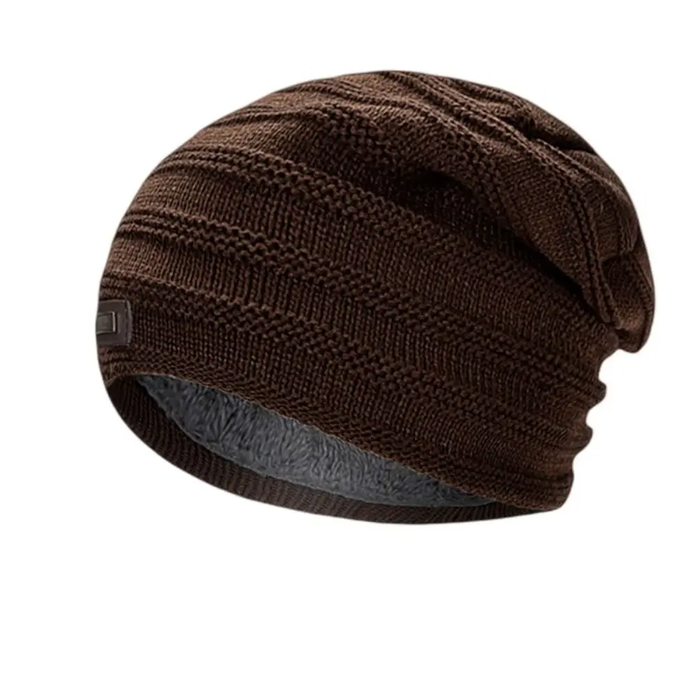 Fleece Lined Men's Winter Hat With Tag Fashion Polyester Striped Winter Cap Warm Plain Beanies Male