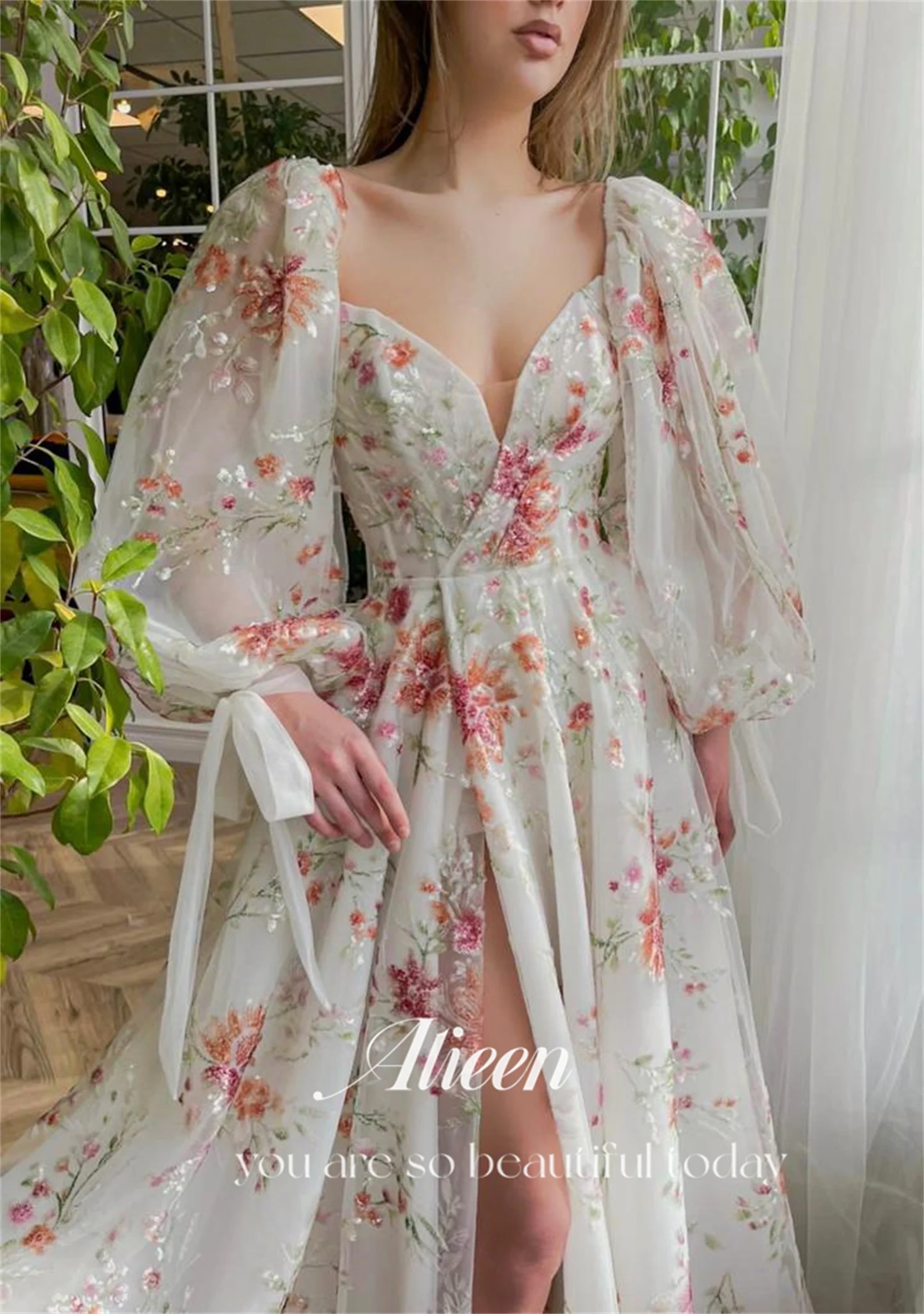 Aileen vestidos de fiesta elegantes con lentejuelas y cuentas, vestidos de noche con apliques de flores, mangas abullonadas, abertura lateral alta, línea A