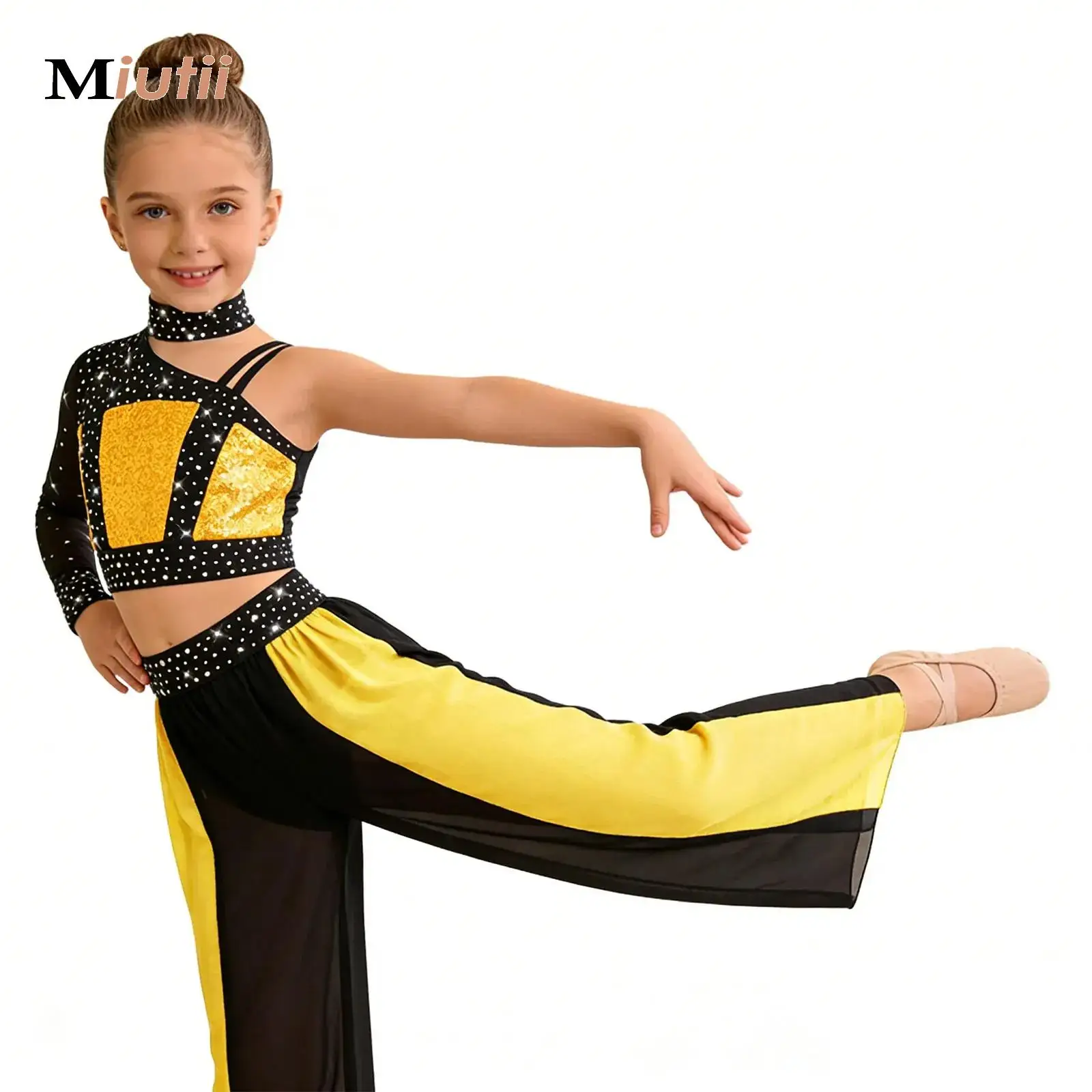 

Kids Girls Mesh Tops Pants Suit Color Block Ballet Performance Wear Lyrical Modern Dance Costume Figure Skating Jazz Dance Set