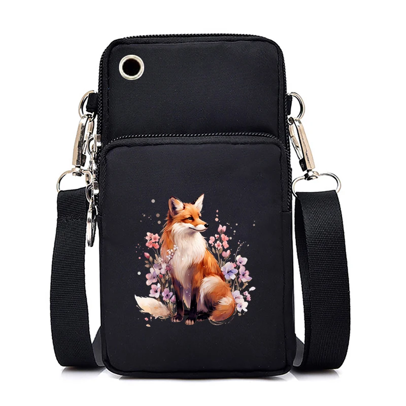 Flower Fox Print Mini Mobile Phone Bag Women Cute Sheep Floral Vertical Handbag Heart Flower Cartoon Animal Lover Shoulder Bags