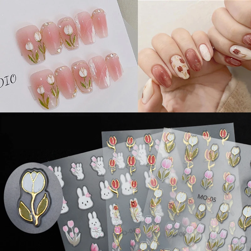 

5D Relief Nail Stickers Tulip Fine Rabbit Decals Flowers Nail Art Charm Cute Cartoon Sliders Bronzing DIY Manicure Decoration